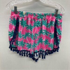 Simply Southern Tassel Edge Shorts Size L/XL Pink W/ Palm Tress Pull On Beach